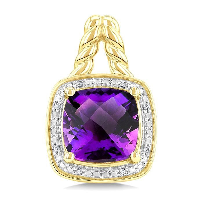 8 MM Cushion Shape Amethyst and 1/20 Ctw Round Cut Diamond Semi-Precious Earrings in Yellow Gold Vermeil