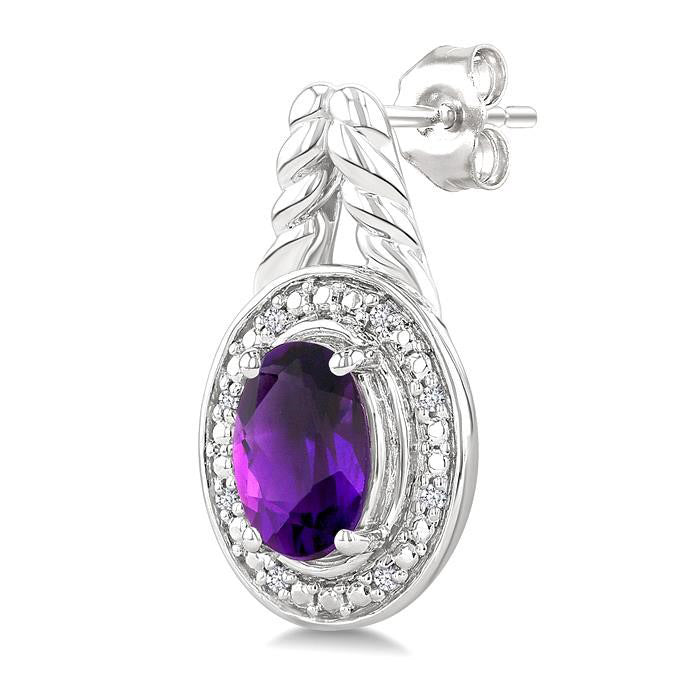 Silver Oval Shape Gemstone & Diamond Earrings