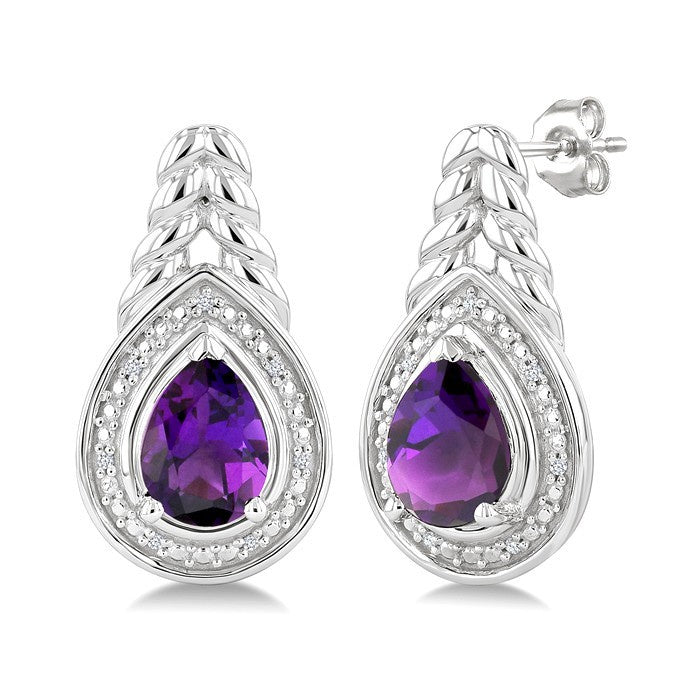 8X5MM Pear Cut Amethyst and 1/20 Ctw Round Cut Diamond Semi-Precious Earrings in Sterling Silver