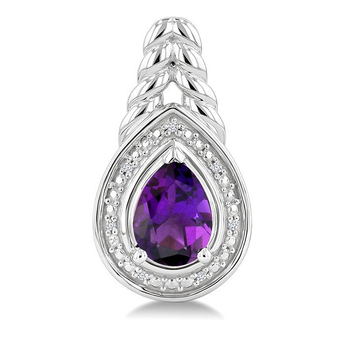 8X5MM Pear Cut Amethyst and 1/20 Ctw Round Cut Diamond Semi-Precious Earrings in Sterling Silver