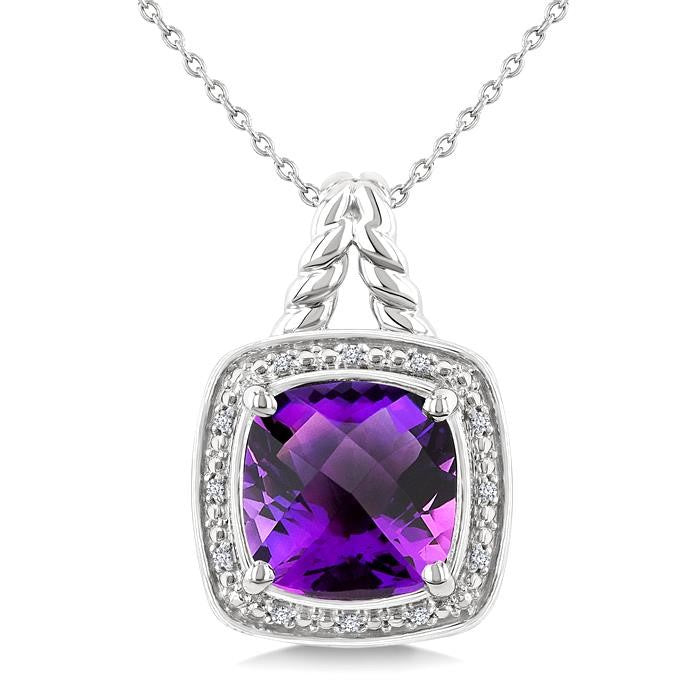 10 MM Cushion Shape Amethyst and 1/20 Ctw Round Cut Diamond Semi-precious Pendant With Chain in Sterling Silver