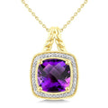 10 MM Cushion Shape Amethyst and 1/20 Ctw Round Cut Diamond Semi-Precious Pendant With Chain in Yellow Gold Vermeil