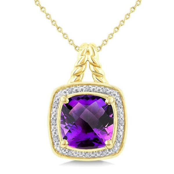 10 MM Cushion Shape Amethyst and 1/20 Ctw Round Cut Diamond Semi-Precious Pendant With Chain in Yellow Gold Vermeil