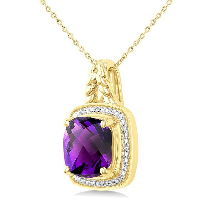 10 MM Cushion Shape Amethyst and 1/20 Ctw Round Cut Diamond Semi-Precious Pendant With Chain in Yellow Gold Vermeil