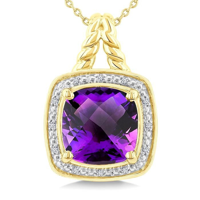 10 MM Cushion Shape Amethyst and 1/20 Ctw Round Cut Diamond Semi-Precious Pendant With Chain in Yellow Gold Vermeil