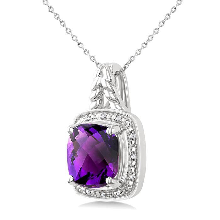 Silver Cushion Shape Gemstone & Diamond Pendant