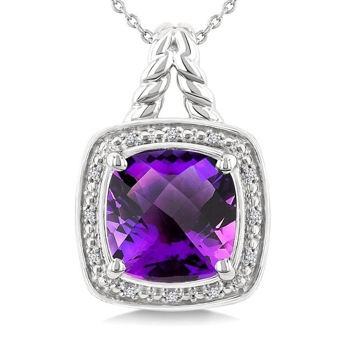 Silver Cushion Shape Gemstone & Diamond Pendant