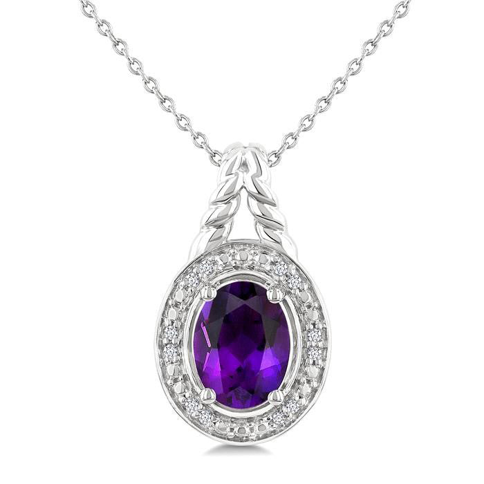 Silver Oval Shape Gemstone & Diamond Pendant