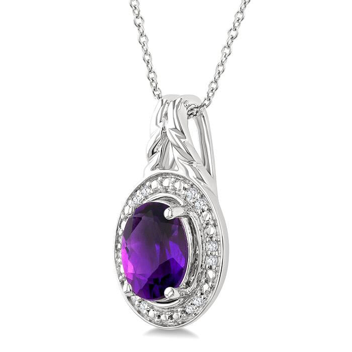 Silver Oval Shape Gemstone & Diamond Pendant