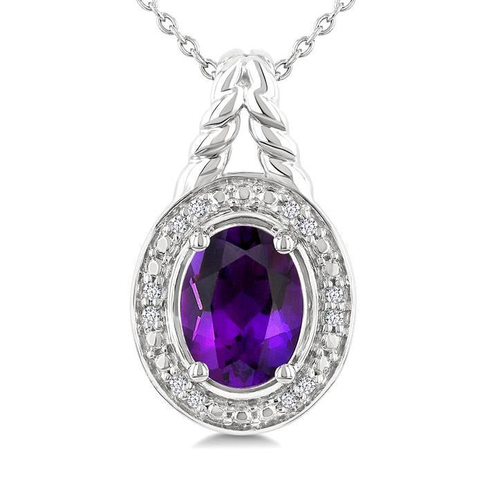 Silver Oval Shape Gemstone & Diamond Pendant