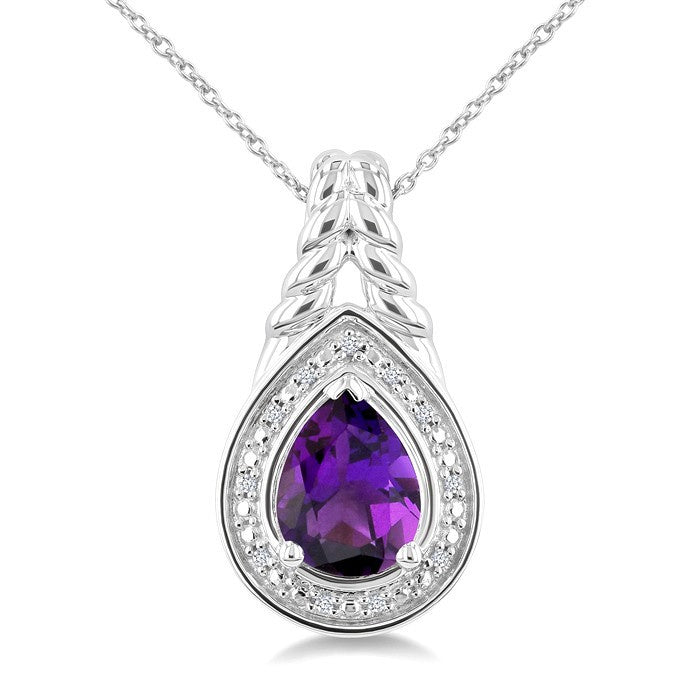 9X6MM Pear Cut Amethyst and 1/20 Ctw Round Cut Diamond Semi-Precious Pendant With Chain in Sterling Silver