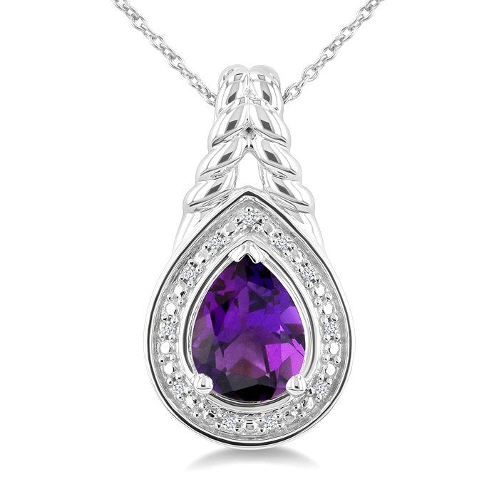 9X6MM Pear Cut Amethyst and 1/20 Ctw Round Cut Diamond Semi-Precious Pendant With Chain in Sterling Silver