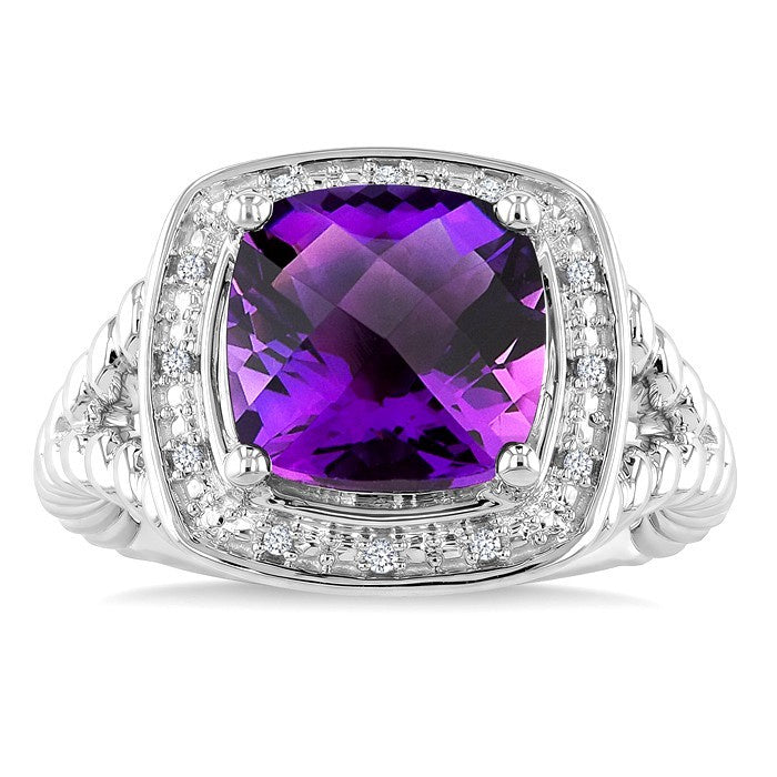 10 MM Cushion Shape Amethyst and 1/20 Ctw Round Cut Diamond Semi-precious Ring in Sterling Silver
