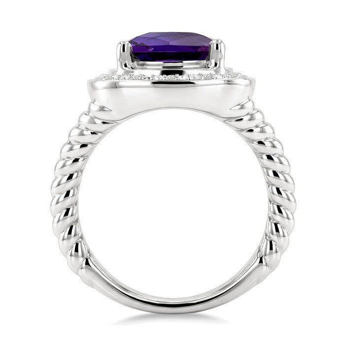 10 MM Cushion Shape Amethyst and 1/20 Ctw Round Cut Diamond Semi-precious Ring in Sterling Silver