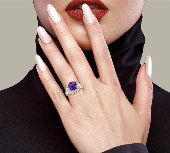 10 MM Cushion Shape Amethyst and 1/20 Ctw Round Cut Diamond Semi-precious Ring in Sterling Silver