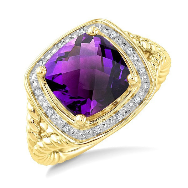 10 MM Cushion Shape Amethyst and 1/20 Ctw Round Cut Diamond Semi-Precious Ring in Yellow Gold Vermeil