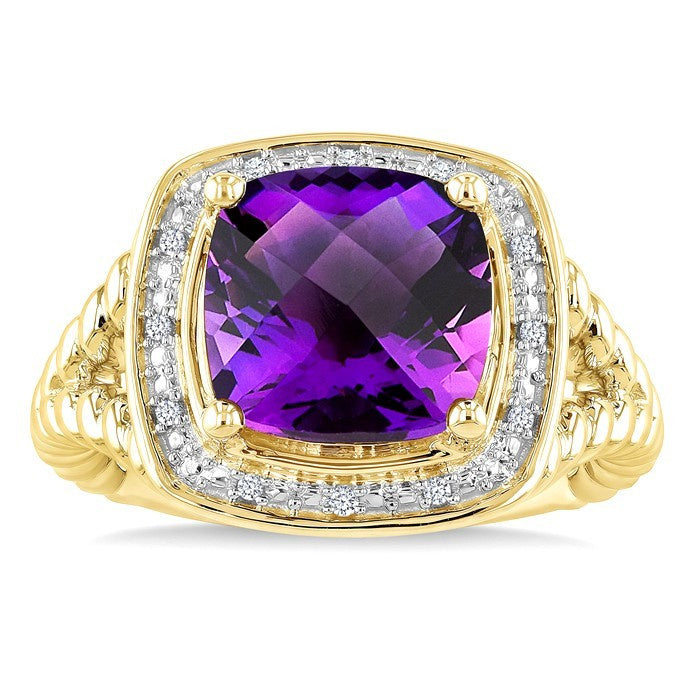 10 MM Cushion Shape Amethyst and 1/20 Ctw Round Cut Diamond Semi-Precious Ring in Yellow Gold Vermeil