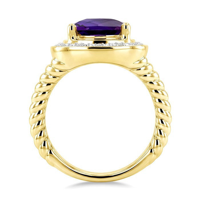 10 MM Cushion Shape Amethyst and 1/20 Ctw Round Cut Diamond Semi-Precious Ring in Yellow Gold Vermeil