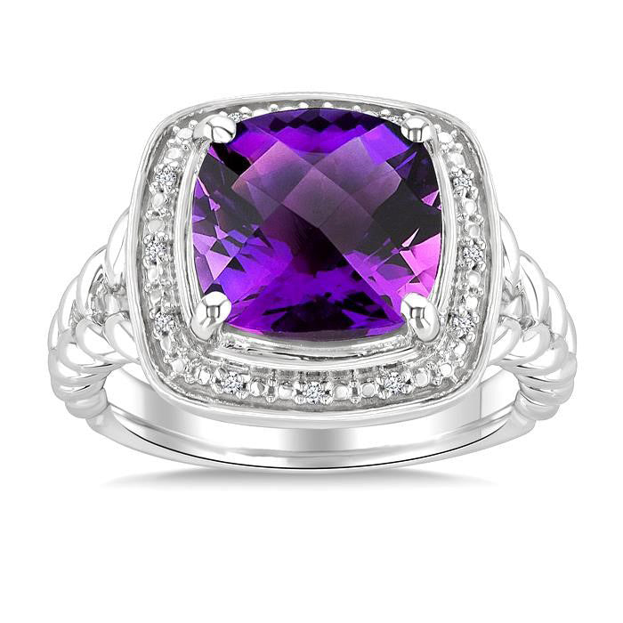Silver Cushion Shape Gemstone & Diamond Ring