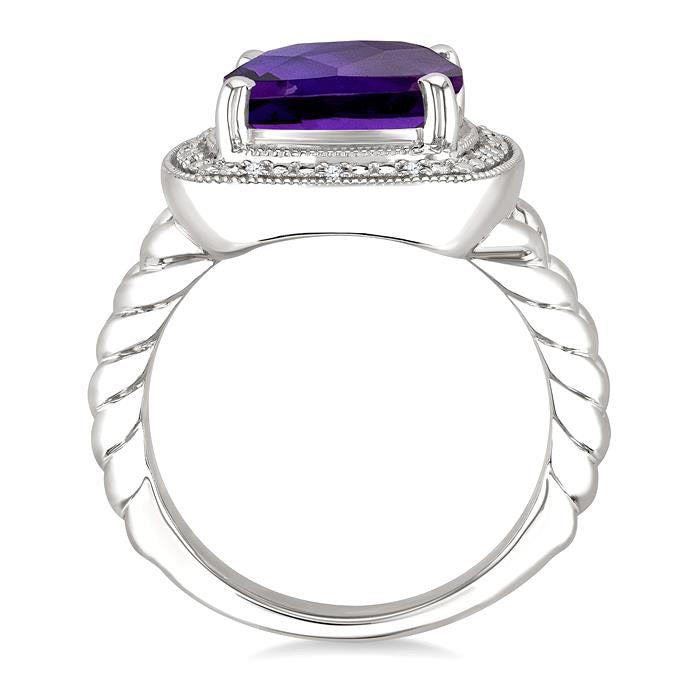 Silver Cushion Shape Gemstone & Diamond Ring