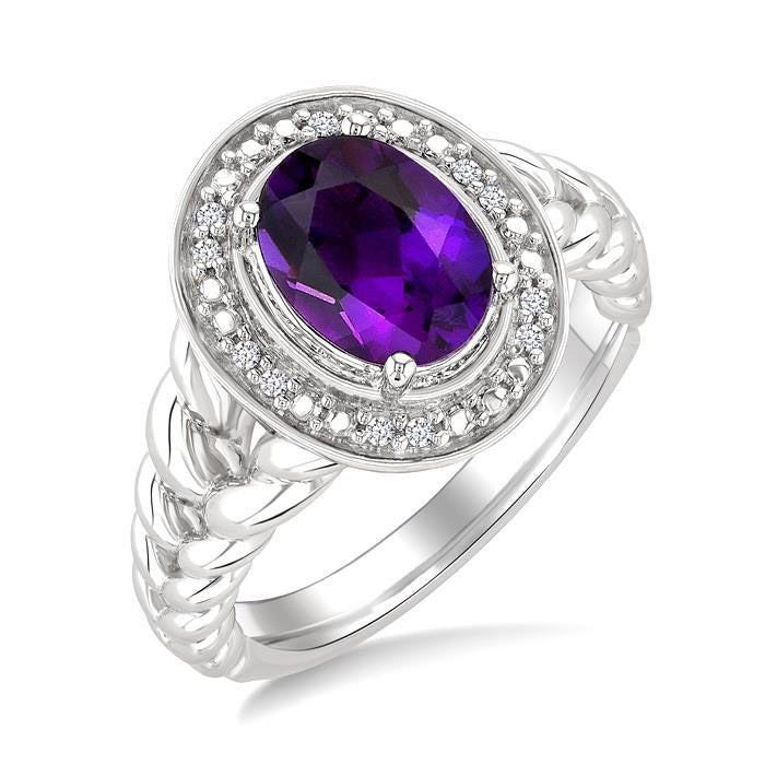 Silver Oval Shape Gemstone & Diamond Ring