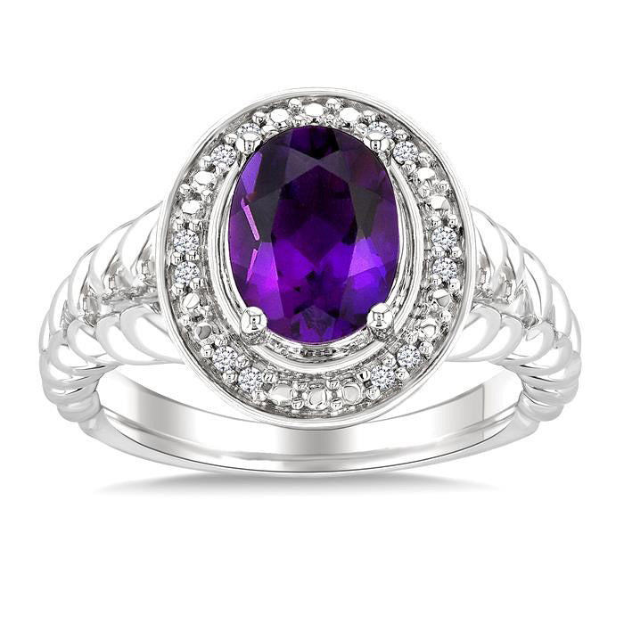 Silver Oval Shape Gemstone & Diamond Ring