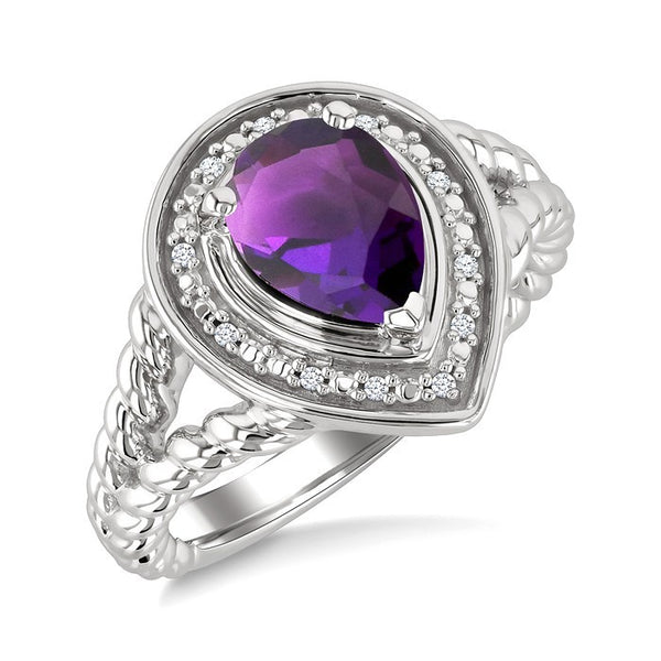 9X6MM Pear Cut Amethyst and 1/20 Ctw Round Cut Diamond Semi-Precious Ring in Sterling Silver
