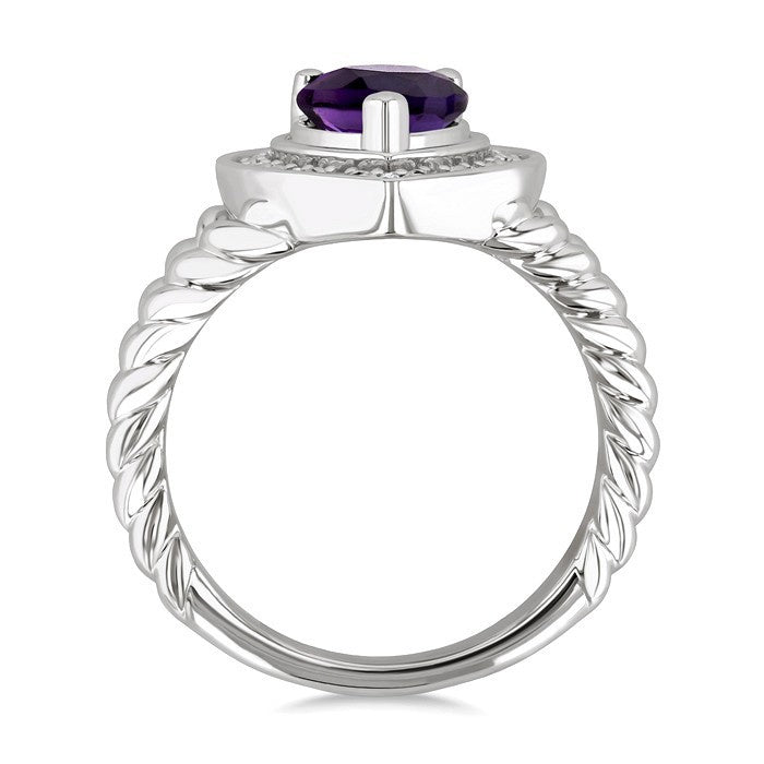 9X6MM Pear Cut Amethyst and 1/20 Ctw Round Cut Diamond Semi-Precious Ring in Sterling Silver