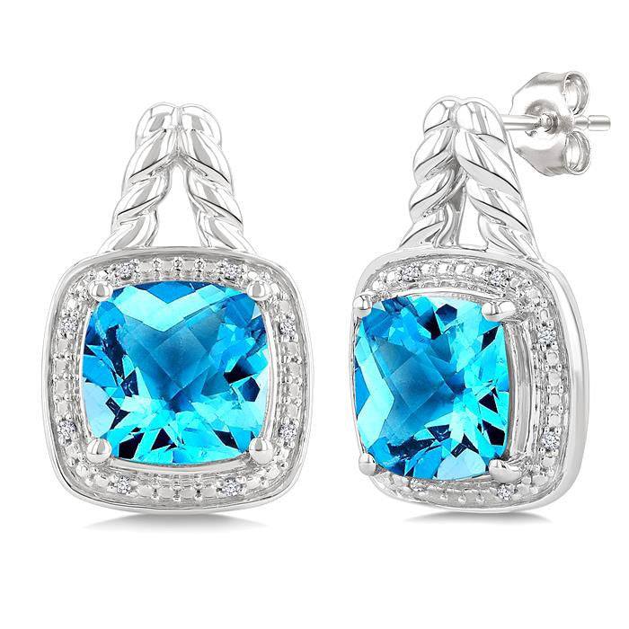Silver Cushion Shape Gemstone & Diamond Earrings