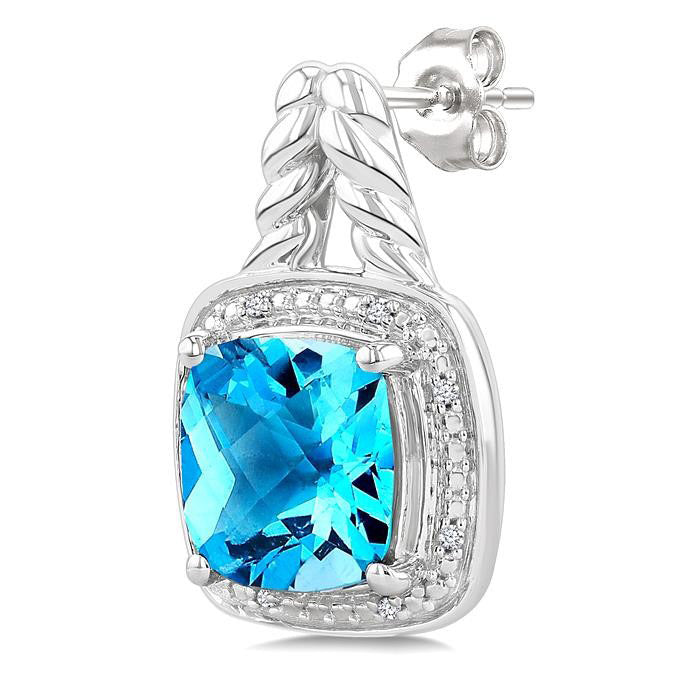 Silver Cushion Shape Gemstone & Diamond Earrings
