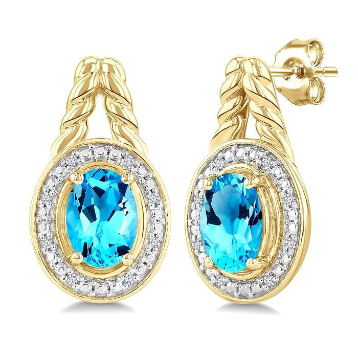 8X6 MM Oval Shape Blue Topaz and 1/20 Ctw Round Cut Diamond Semi-Precious Earrings in Yellow Gold Vermeil