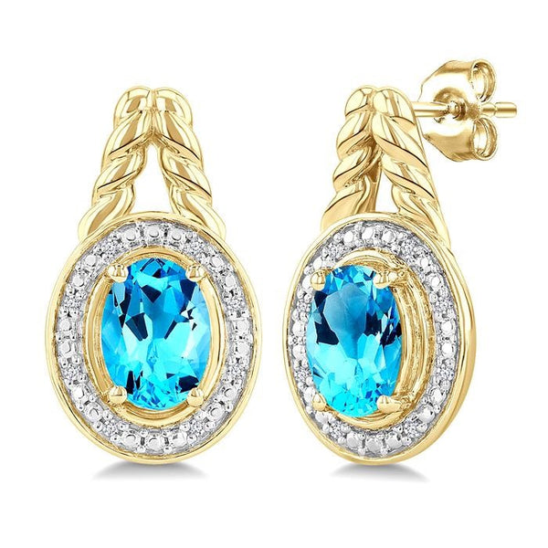 8X6 MM Oval Shape Blue Topaz and 1/20 Ctw Round Cut Diamond Semi-Precious Earrings in Yellow Gold Vermeil