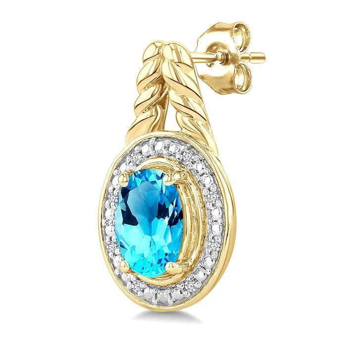 8X6 MM Oval Shape Blue Topaz and 1/20 Ctw Round Cut Diamond Semi-Precious Earrings in Yellow Gold Vermeil