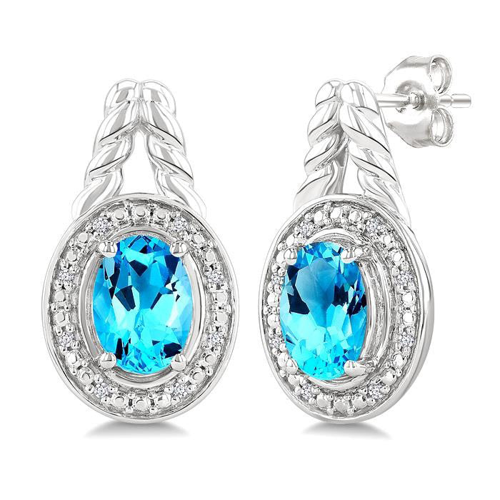 Silver Oval Shape Gemstone & Diamond Earrings