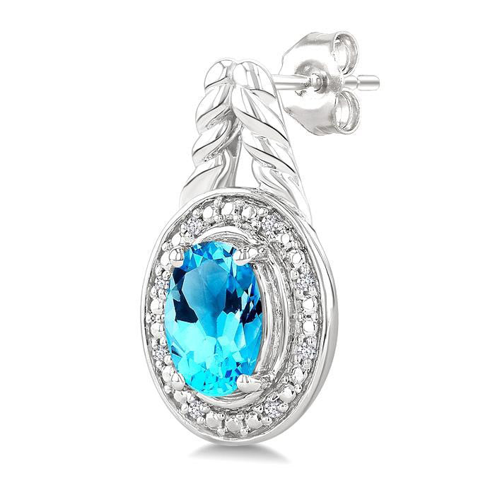 Silver Oval Shape Gemstone & Diamond Earrings