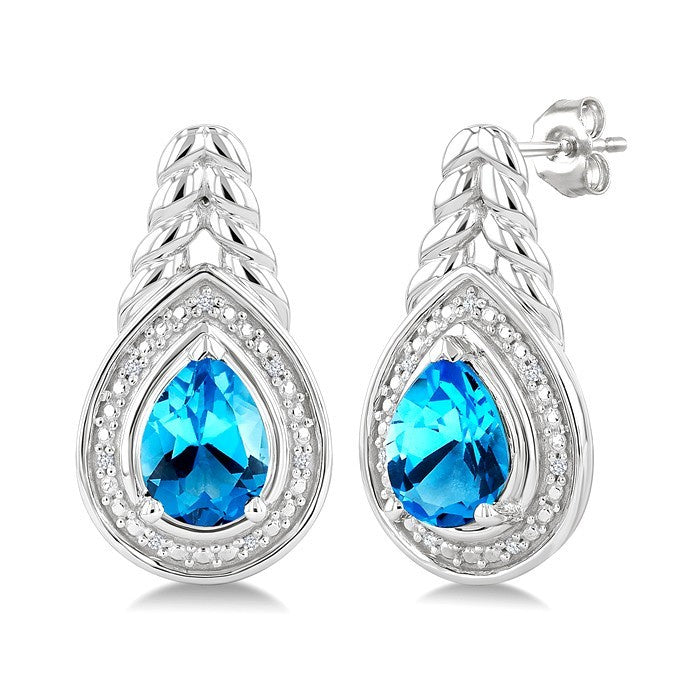 8X5MM Pear Cut Blue Topaz and 1/20 Ctw Round Cut Diamond Semi-Precious Earrings in Sterling Silver
