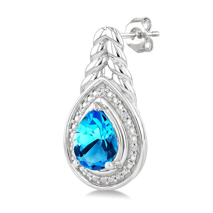 8X5MM Pear Cut Blue Topaz and 1/20 Ctw Round Cut Diamond Semi-Precious Earrings in Sterling Silver