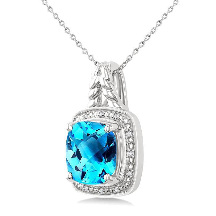 Silver Cushion Shape Gemstone & Diamond Pendant