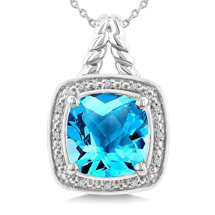 Silver Cushion Shape Gemstone & Diamond Pendant
