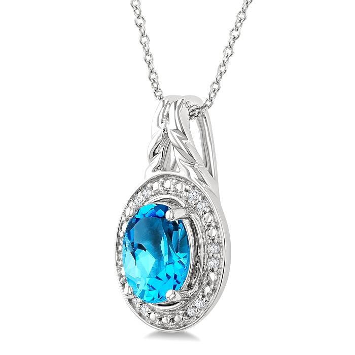 9X7 MM Oval Shape Blue Topaz and 1/20 Ctw Round Cut Diamond Semi-precious Pendant With Chain in Sterling Silver