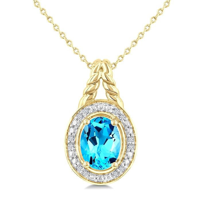 9X7 MM Oval Shape Blue Topaz and 1/20 Ctw Round Cut Diamond Semi-Precious Pendant With Chain in Yellow Gold Vermeil