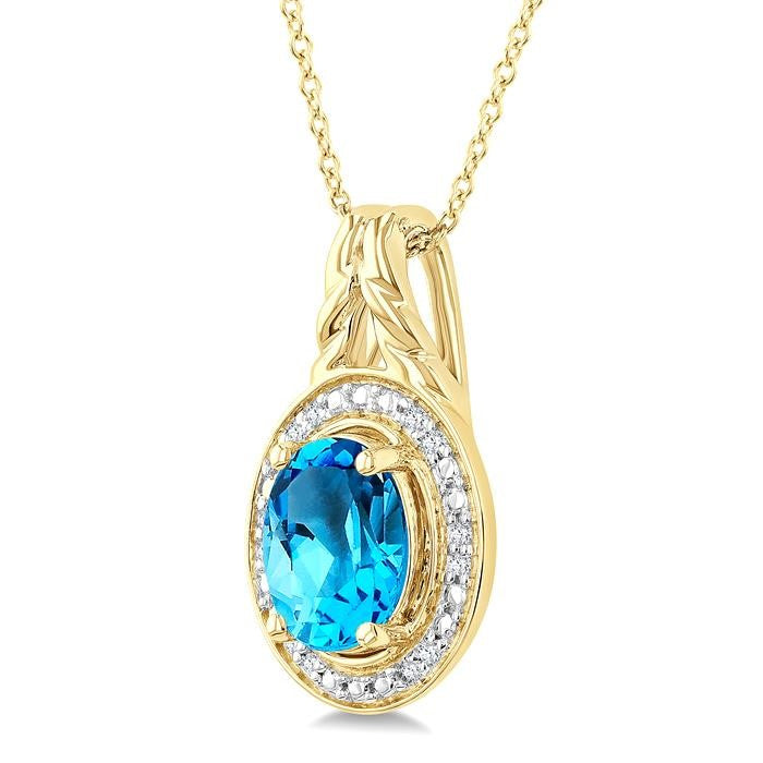 9X7 MM Oval Shape Blue Topaz and 1/20 Ctw Round Cut Diamond Semi-Precious Pendant With Chain in Yellow Gold Vermeil