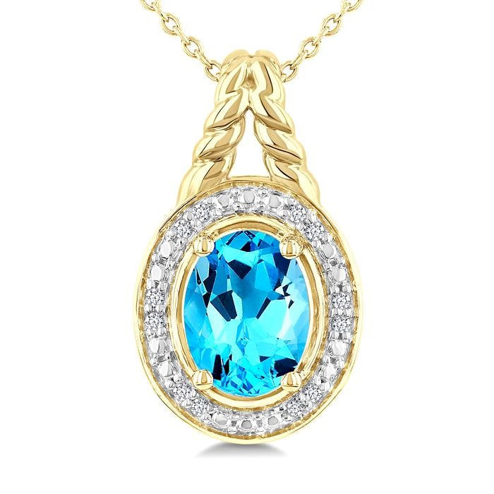 9X7 MM Oval Shape Blue Topaz and 1/20 Ctw Round Cut Diamond Semi-Precious Pendant With Chain in Yellow Gold Vermeil