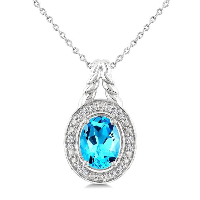 Silver Oval Shape Gemstone & Diamond Pendant
