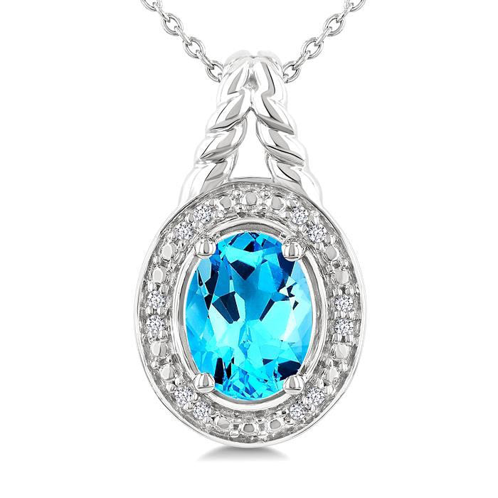 Silver Oval Shape Gemstone & Diamond Pendant