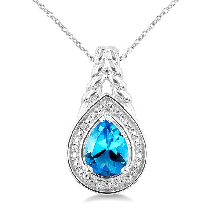 9X6MM Pear Cut Blue Topaz and 1/20 Ctw Round Cut Diamond Semi-Precious Pendant With Chain in Sterling Silver