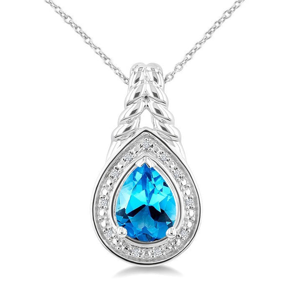 9X6MM Pear Cut Blue Topaz and 1/20 Ctw Round Cut Diamond Semi-Precious Pendant With Chain in Sterling Silver