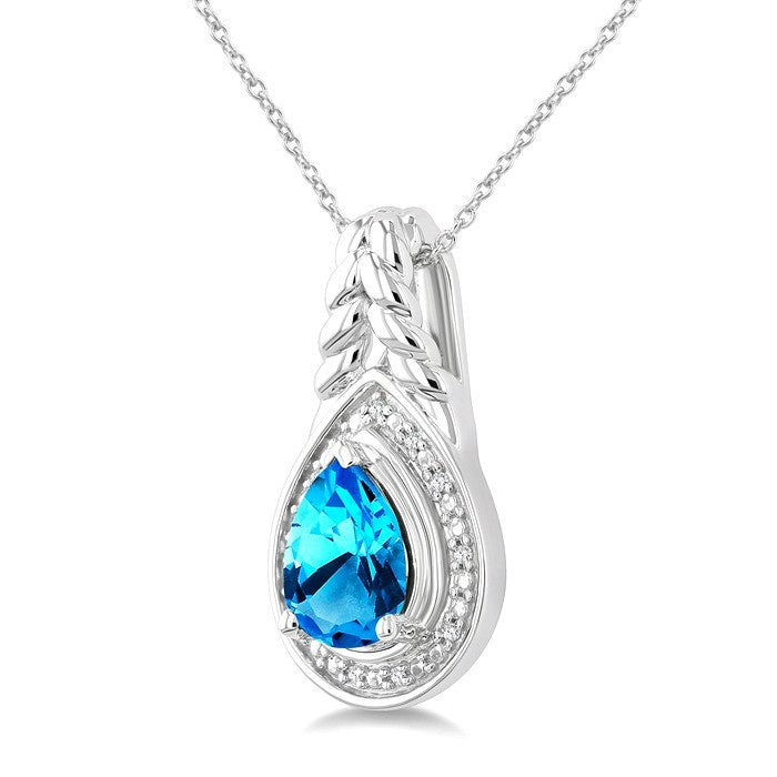 9X6MM Pear Cut Blue Topaz and 1/20 Ctw Round Cut Diamond Semi-Precious Pendant With Chain in Sterling Silver