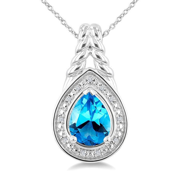 9X6MM Pear Cut Blue Topaz and 1/20 Ctw Round Cut Diamond Semi-Precious Pendant With Chain in Sterling Silver