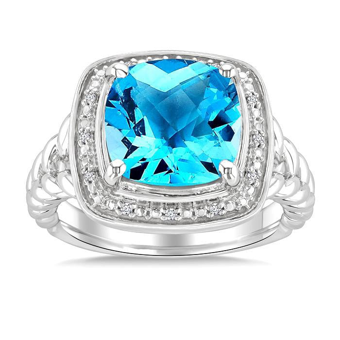 Silver Cushion Shape Gemstone & Diamond Ring